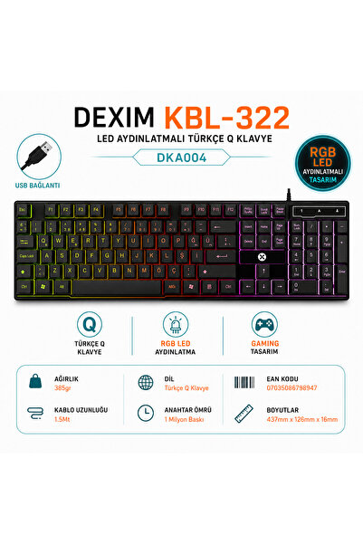 Dexim DKA004 KBL-322 RGB Led Türkçe Q Kablolu Gaming Klavye