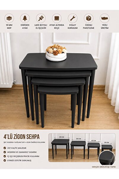 BAŞARAN CONCEPT Üst Kalite 1. Sınıf Mdf Siyah Lake Boyalı 4 Lü Zigon Sehpa Si...