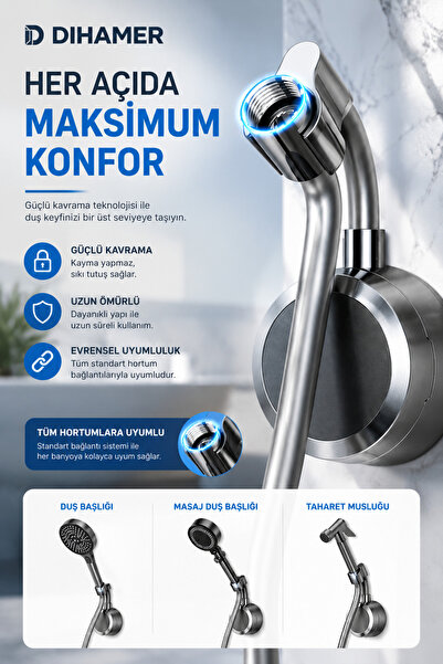 Dihamer Lüx Modern Vakumlu Duş Başlığı Tutucu Su Geçirmez Ayarlanabilir Banyo Duvar Aparatı Vantuz Mavsal