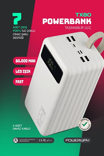 POWERWAY 80.000 Mah Kablolu Dijital Göstergeli Gerçek 80.000 Mah Garantili Iş...