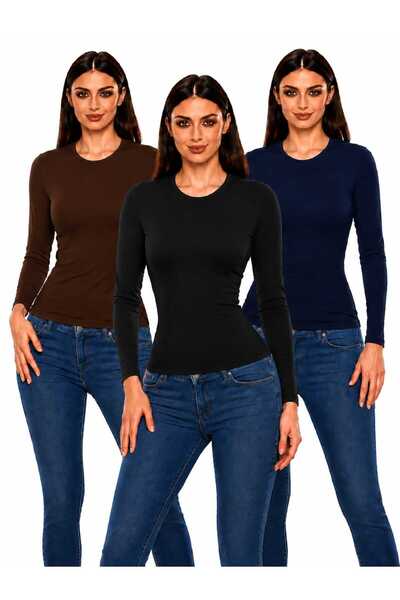 ROKİDS Women's 3-Piece Crew Neck Long Sleeve Lycra Hijab Combed Cotton Bodysuit