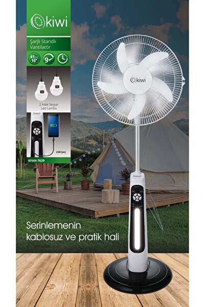 Kiwi KFAN-7629 Şarjlı Standlı Vantilatör & LED Lamba | 9 Kademe & AC/DC & USB