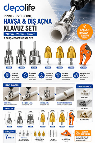 Depolife Pprc PVC Boru Havşa ve Diş Açma Klavuz Seti 20mm 25mm 32mm Pafta Kıl...
