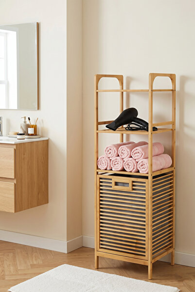 Porsima 120 Cm Doğal Bambu Banyo Düzenleyici Raf - Katlanabilir Kirli Sepetli...