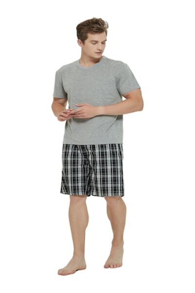 Global Pijama Barbat Bumbac, Tricou Maneca Scurta, Pantalon Scurt, Model Bluz...