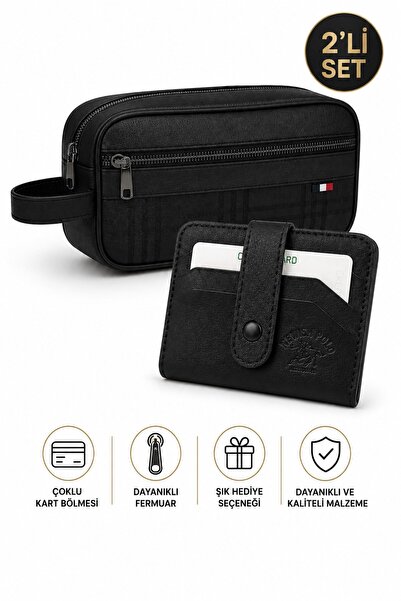 Newish Men's Black Vegan Leather Portfolio Handbag and Card Holder