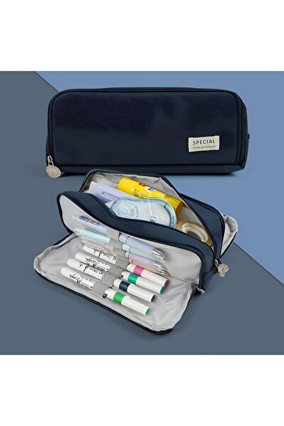 Choice4 Navy Pencil Case Large Space Storage 3 Compartment Pouch Double Side ...