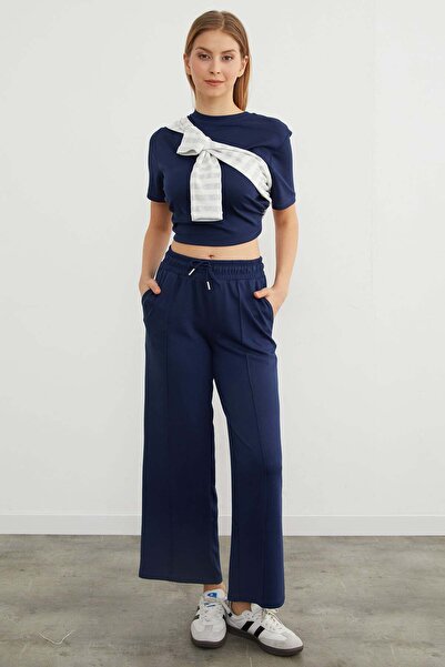 Fulla Moda Modal Sweatpants with Tie Waist and Green Front Detail
