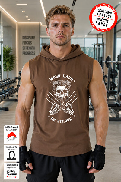 BESSA Brown Hooded Sports Tank Top Work Hard Printed Oversize Cotton Fabric F...