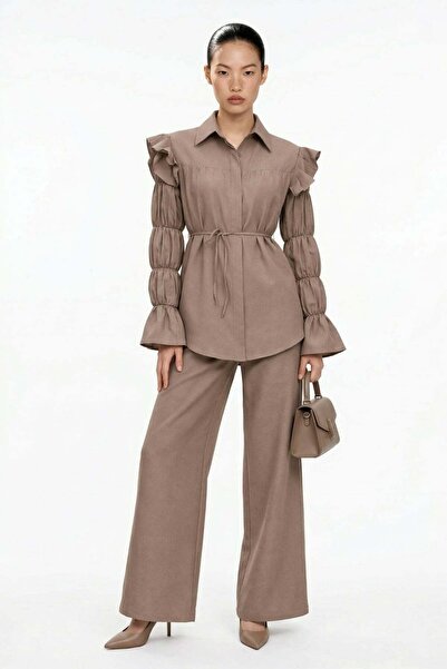 HAKKE Drawstring Sleeve Detailed Tunic and Palazzo Pants Set D