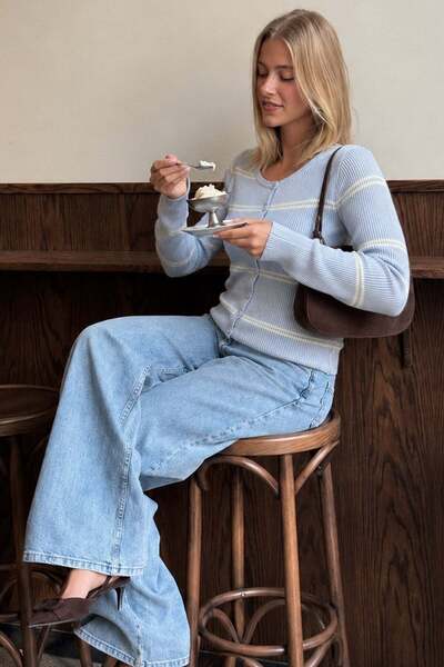 Madmext Blue Striped Women's Knitwear Cardigan Mg2481