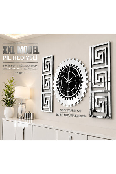 EYKA STORE XXL Avangart Gümüş Duvar Saati 3 lü Set Saat 60 cm Tablo 30*70 cm ...