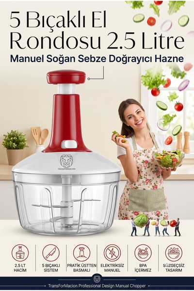 Transformacion Pratik Üstten Basmalı El Rondosu 2.5 Litre 5 Bıçaklı Paslanmaz...