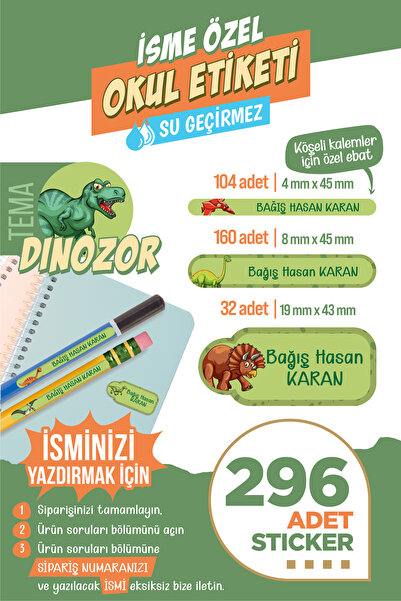 colortouch 296 ADET Dinozor Temalı Okul Etiketi Kalem Etiketi Defter Etiketi ...