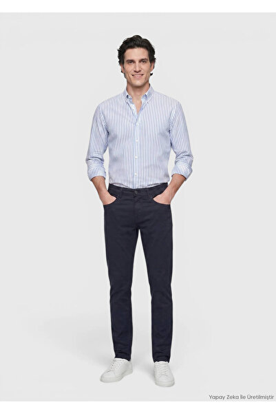 Ramsey Navy Blue Plain Woven Slim Fit Casual Cotton Blended Trousers