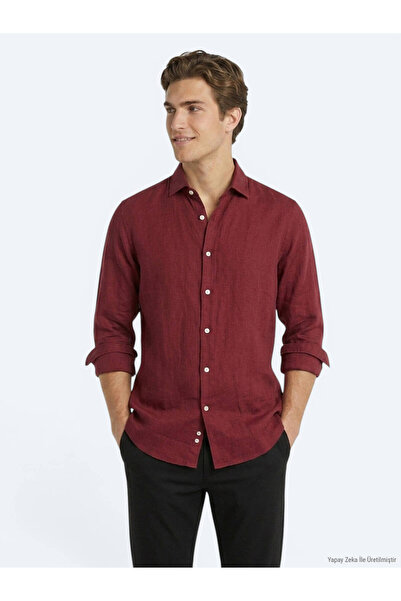 Kip Burgundy Plain Regular Fit Long Woven Casual Cotton Blend Shirt