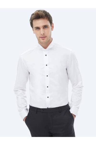 Kip Beyaz Düz Slim Fit Duble Manşet Smokin Gömlek