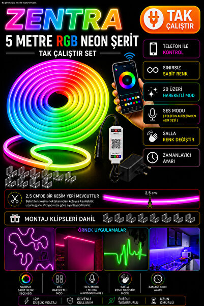 neeko 3 Chip Rgb Neon Led Telefon Kontrollü Sese Ve Müziğe Duyarlı Esnek Tak ...