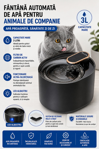 OEM Dispenser Apa Pisici si Caini, Sistem Filtrare Carbune Activ Capacitate 3...