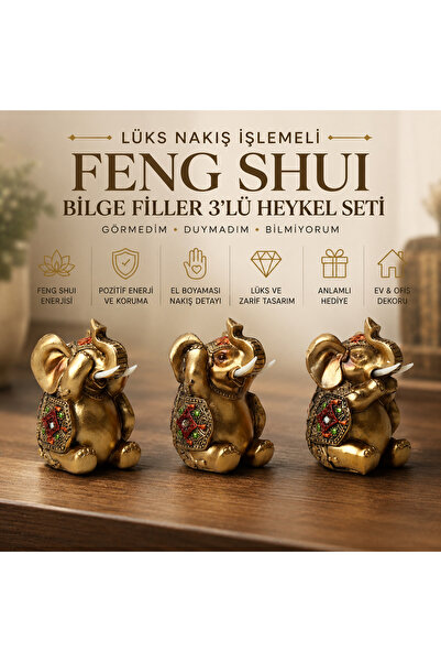 e-life shop Feng Shui Bilge Fil Heykel Seti Görmedim Duymadım Bilmiyorum Deko...