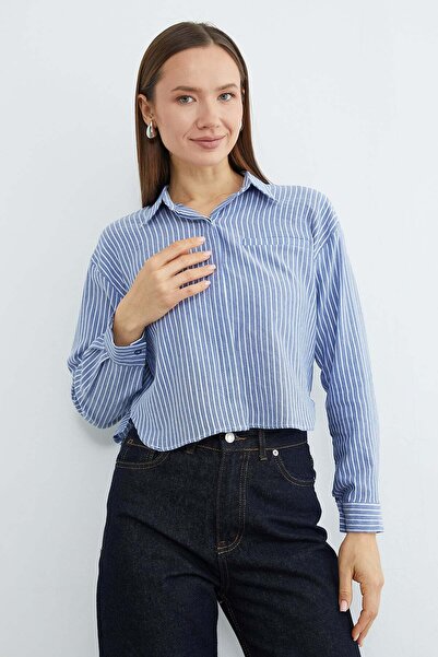 Fulla Moda Çizgili Jakarlı Crop Gömlek