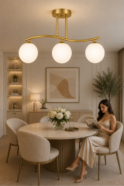 ESSLİGHT Maral 3’lü Eskitme Beyaz Camlı Modern Salon Mutfak Yatak Odası Avizesi