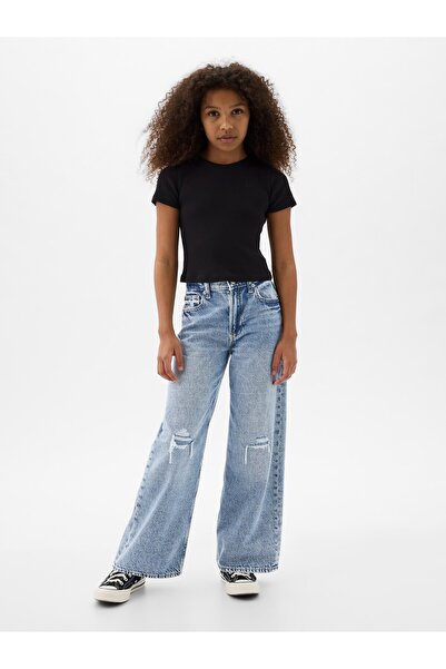 GAP Kız Çocuk Açık Mavi Low Rise Stride Wide-Leg Jean Pantolon