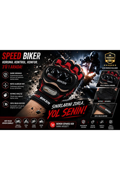 SPEED BİKER Kısa Parmak Yazlık Motosiklet Eldiveni Kırmızı Ce EN 13594 Orjinal Sertifikalı