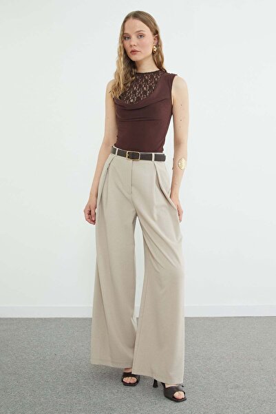 Fulla Moda Beli Kemerli Pileli Yüksek Bel Pantolon