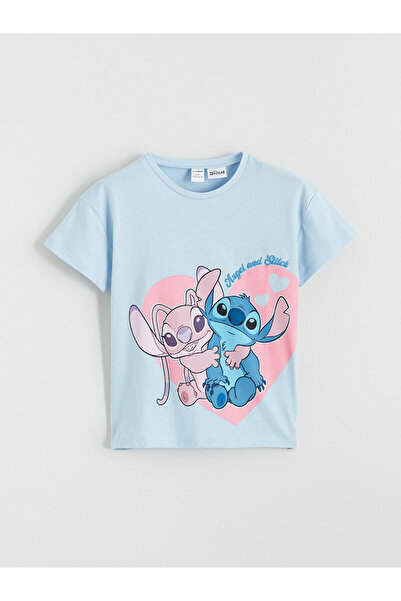 LC Waikiki تي شيرت من القطن الممشط للفتيات مطبوع عليه Lilo & Stitch من Vizyon...
