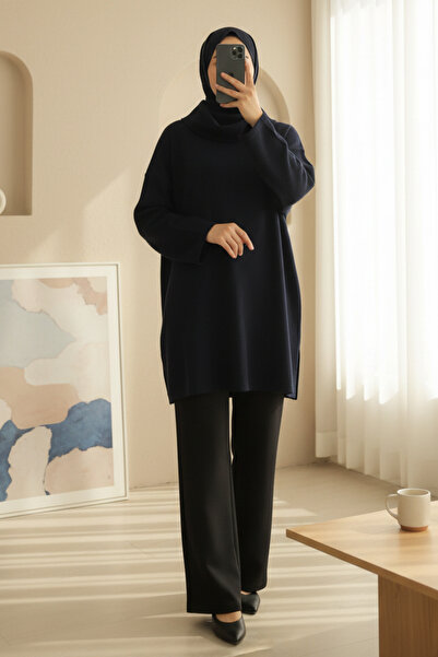 Modamorfo Turtleneck Slit Ribbed Knit Tunic - Navy