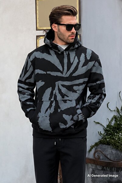 Madmext Black Hooded Pocket Detailed Printed Men's Sweatshirt 7087