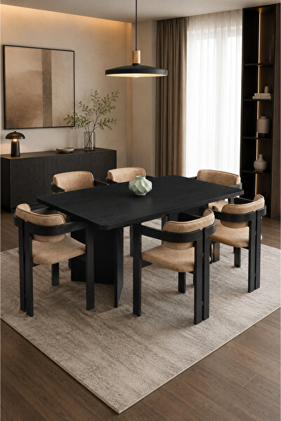 Atolye Casa 90x180 Yemek Masası (Sadece Masa) Wood Siyah Yemek Masası Sabit L...