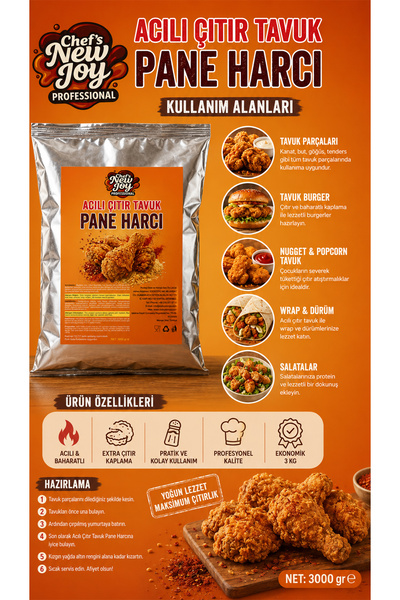 chef's new joy professional Acılı Çıtır Tavuk Pane Harcı 3000 gr Acılı Kaplama Harcı