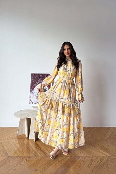 Esma Gündoğdu Perry Model Çiçek Desenli Sarı Elbise