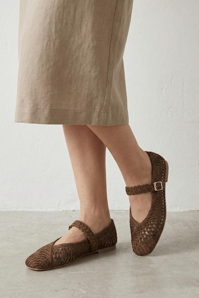 Beshora Rosa Brown Belt Detailed Flat Toe Women's Shoes Ballet Flats