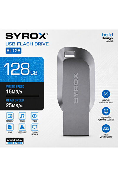 Syrox BL128 128GB USB 2.0 Metal Flash Bellek | 25 MB/s Okuma - 15 MB/s Yazma ...