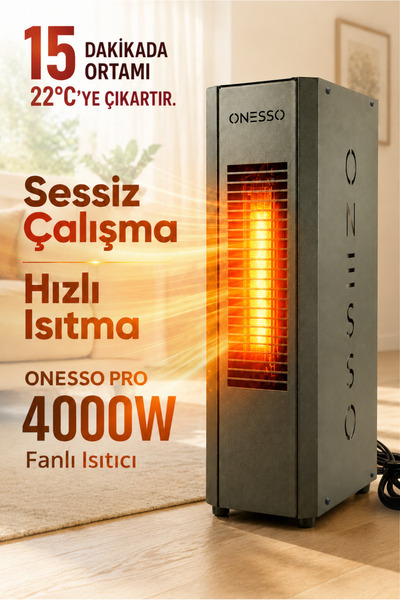 ONESSO PRO 4000W Sessiz Elektrikli Fanlı Isıtıcı - 3 Modlu Termostatlı (40m²'...