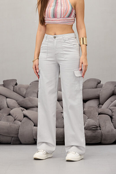 BİKELİFE Stone Gray Cargo Pocket Lycra High Waist Wide Leg Trousers