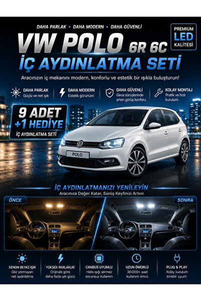 DuoLight VW Polo 6R 6C LED İç Aydınlatma Seti Beyaz 9 Parça + Hediye T10 Ampul