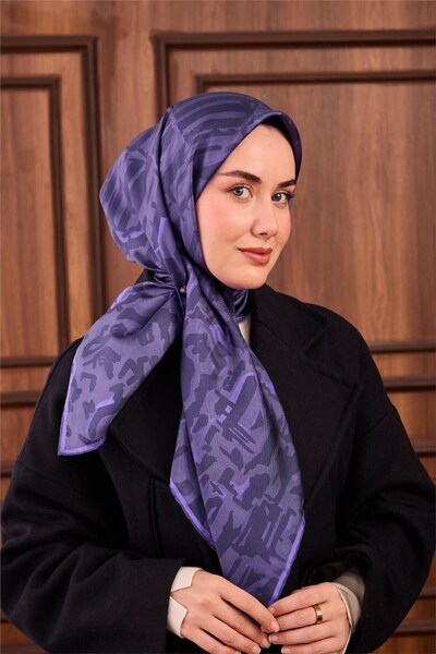 Silk Home Twill İpek Eşarp Pastel Lila–Lacivert–Eflatun Desenli Tok Duruşlu 9...