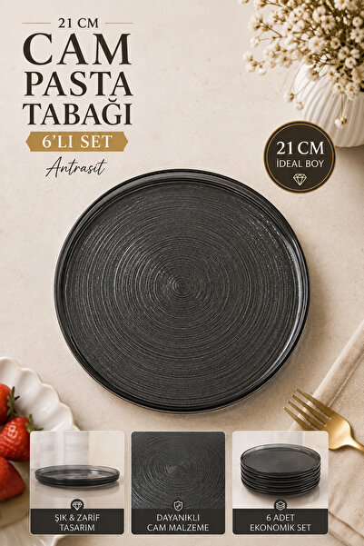 ANGDESİGN Milano Cam Pasta-kek-Tatlı Tabağı 6'lı Antrasit - Servis Sunum Taba...