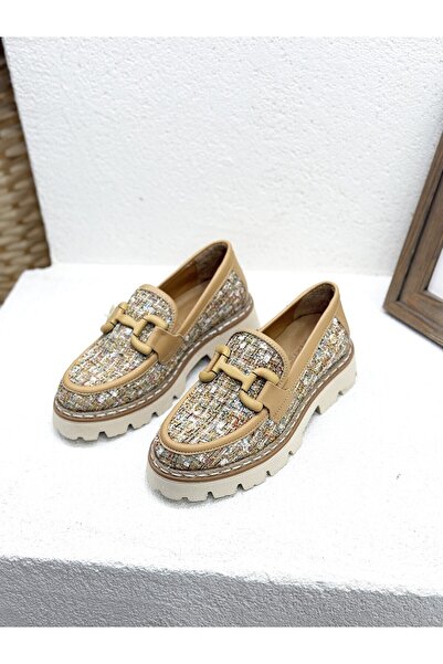 Mammamia D25Ya-3770 Front Buckle Detail Shanel Fabric Genuine Leather 4 cm Th...