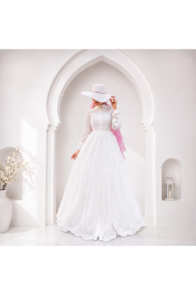 Muslima Wear White Dream Floral Print Pearl Button Detail Women's Dress