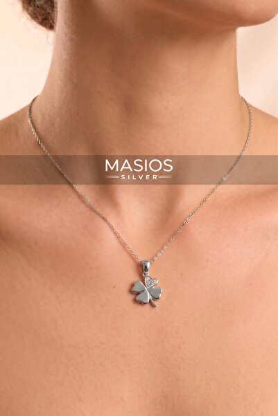 Masios Silver 925 Ayar Gümüş 4 Yapraklı Yonca Model Zirkon Taşlı Kadın Kolye