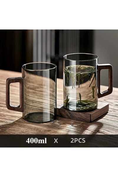Choice 400ML 2PCS Gray 1/2pcs 400ml Glass Cups with Walnut Handle Household H...