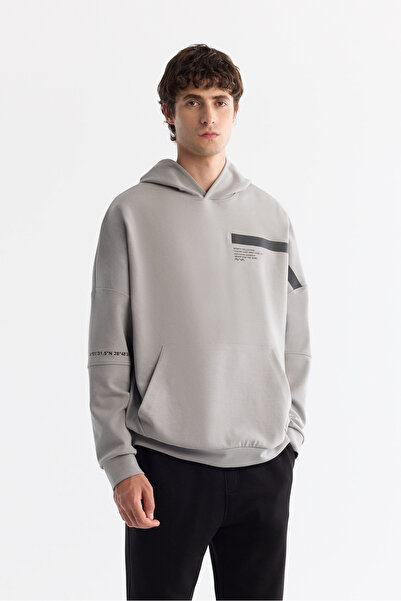 Avva Men's Gray Hooded Cotton Printed Elastane Oversize Fit Sweatshirt A42Y1289
