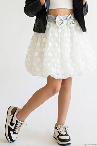 Breeze Girl's Balloon Skirt Score Patterned with Bow Accessory, Ages 5-9, Ecru