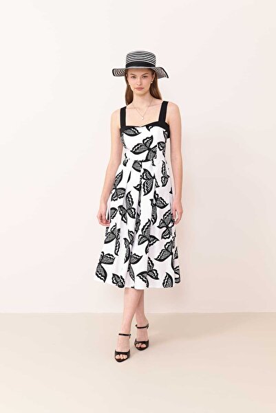 Roman Pileli Midi Boy Poplin Elbise Siyah-Beyaz Y2411059_101