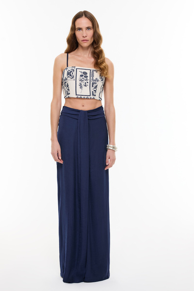 Roman Drape Detaylı Geniş Paça Pantolon Lacivert YY012074_015